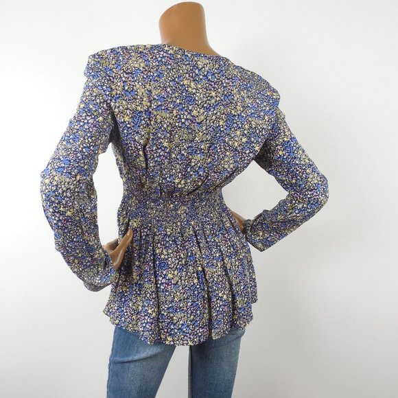 LEITH Top L Floral Ditsy Print Blouse V Neck Shirt Long Sleeves Multi-Colored - Picture 8 of 11